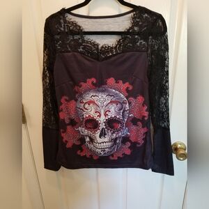 Black Lace Skull Design Women's Top